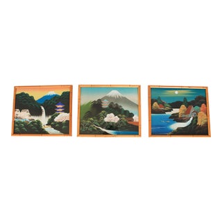 Vintage Hand-Painted Japanese Landscape Artworks on Silk S/3 For Sale
