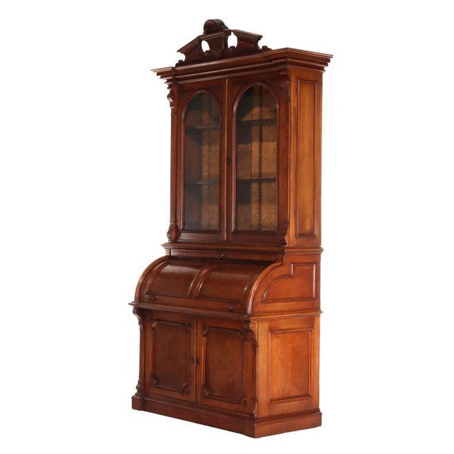 Renaissance Revival Carved Walnut & Burl Barrel Roll Top Secretary C1890 For Sale - Image 13 of 18