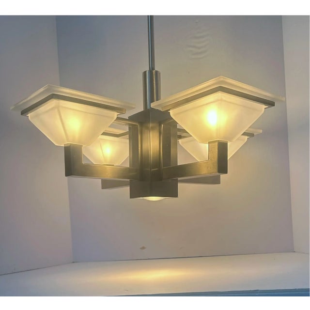 2000 - 2009 Early 21st Century 5-Light Postmodern Mission Style Chandelier in Brushed Nickel Finish For Sale - Image 5 of 10