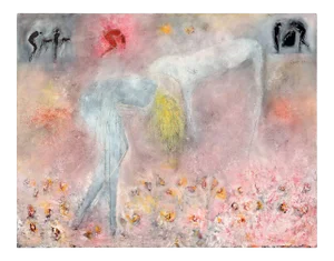 Woman, Dog & Spring Flowers Figurative With Petroglyphs, Large Scale Abstract Expressionist by Cindy Kane