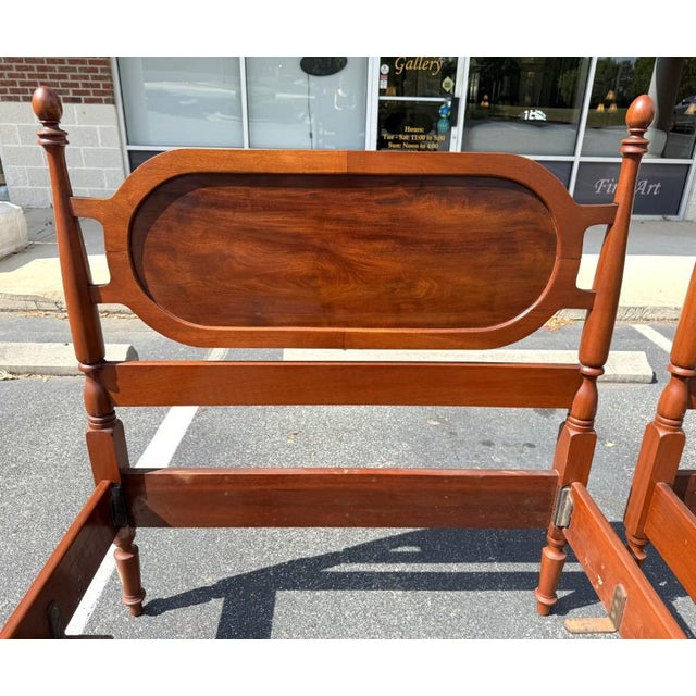Mid 20th Century Pair of Vintage Mahogany Twin Bed Frames With Oval Panel Headboards For Sale - Image 5 of 15