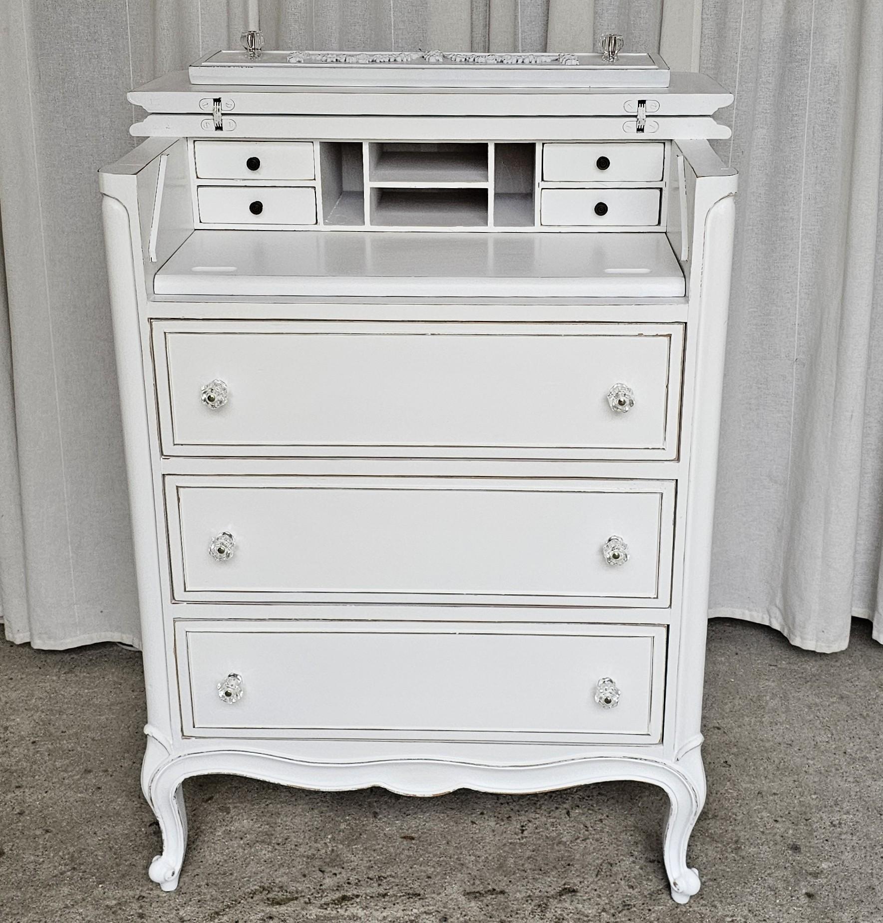 1950s Drexel Touraine Dresser/ Secretary Desk, White Romantic