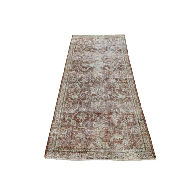 Modern 19th Century Antique Malayer Wool Runner Rug With Muted Rust & Neutral Distressed Patina For Sale - Image 3 of 9