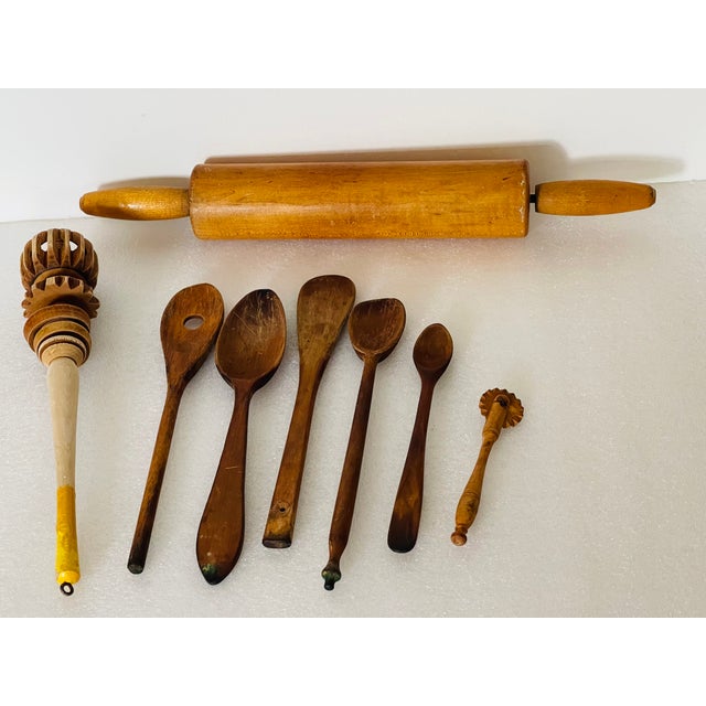 10 PCS Antique and Vintage Kitchen Wood Utensils With Pizza Board For Sale - Image 4 of 10