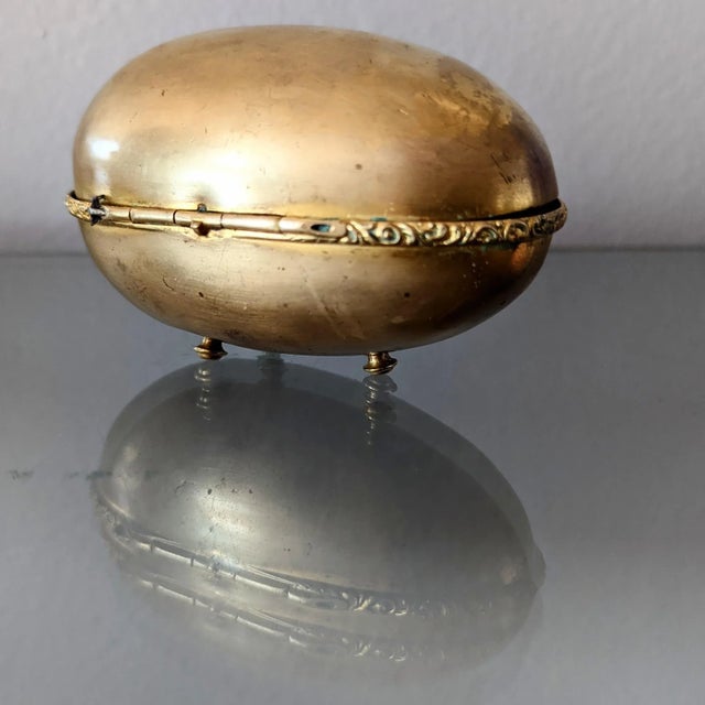1940s Brass Egg Trinket Box Trimmed With Ormolu Painted Egg Inside For Sale - Image 4 of 11
