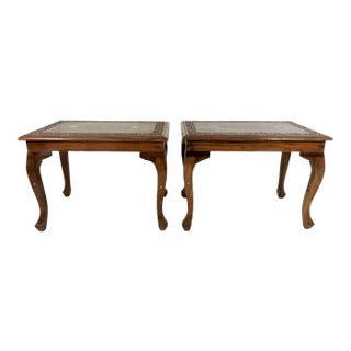 Inlaid Solid Teak Side / End, Drinks Tables, Hand Carved With Copper & Brass, Glass Tops - A Pair For Sale