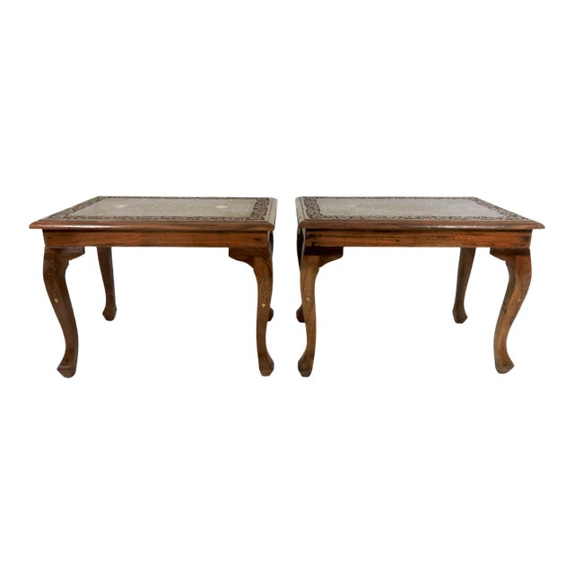 Inlaid Solid Teak Side / End, Drinks Tables, Hand Carved With Copper & Brass, Glass Tops - A Pair For Sale