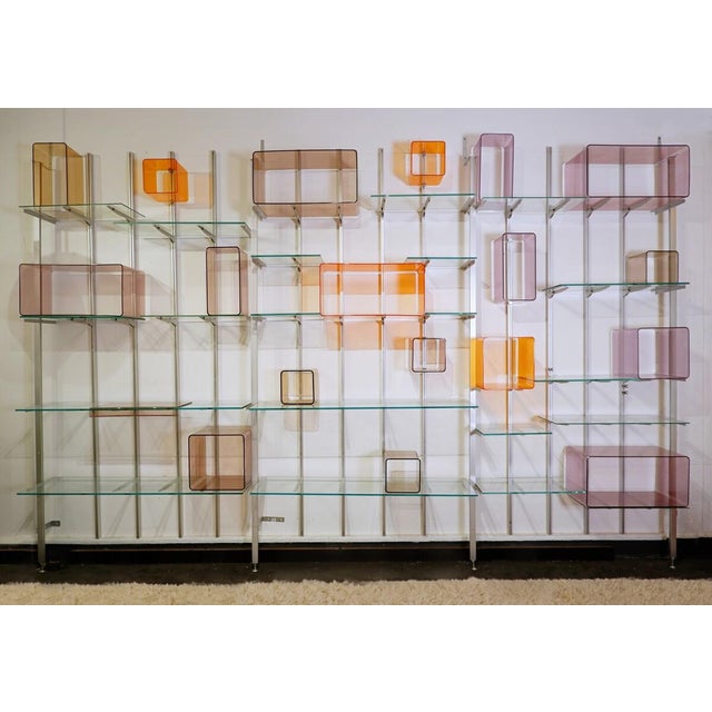 Modular Wall Shelf in Brushed Metal, Glass and Acrylic, 1960s, in Good conditions. Designed 1960 to 1969