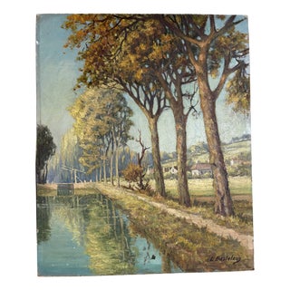 L. Basteleus, River Landscape Lined with Poplar Trees, Oil on Canvas For Sale