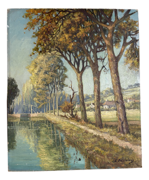 L. Basteleus, River Landscape Lined with Poplar Trees, Oil on Canvas