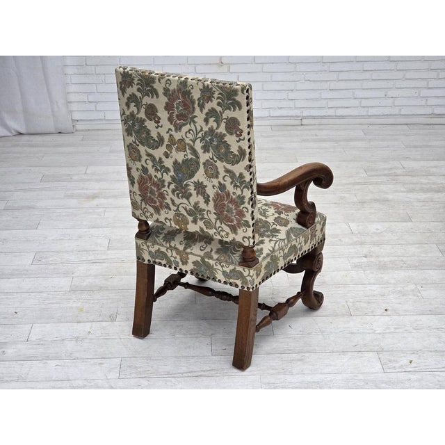 Scandinavian Highback Armchair in Patterned Fabric and Hand-Carved Oak, 1950s For Sale - Image 9 of 18