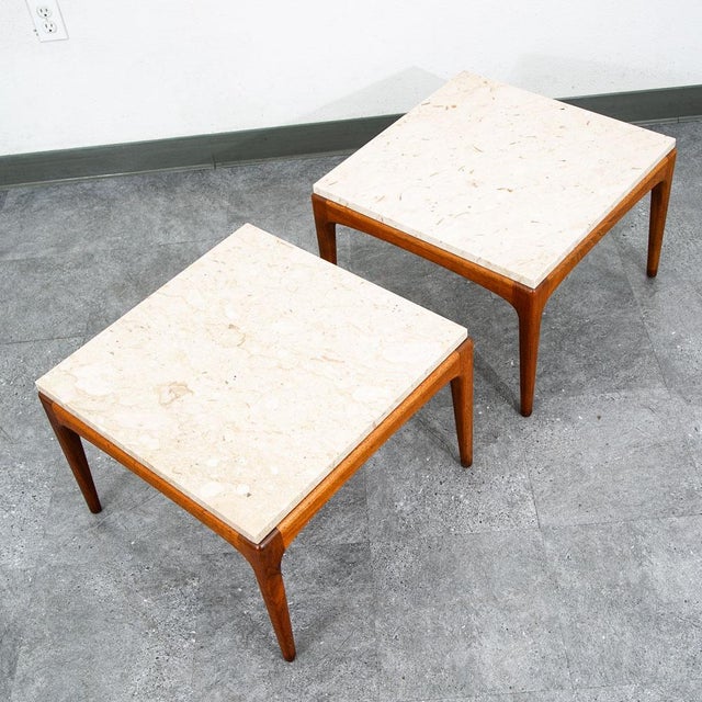 1960s Mid Century Modern End Tables Attributed to Lane Side Nightstand Set Pair Marble Square MCM For Sale - Image 5 of 12