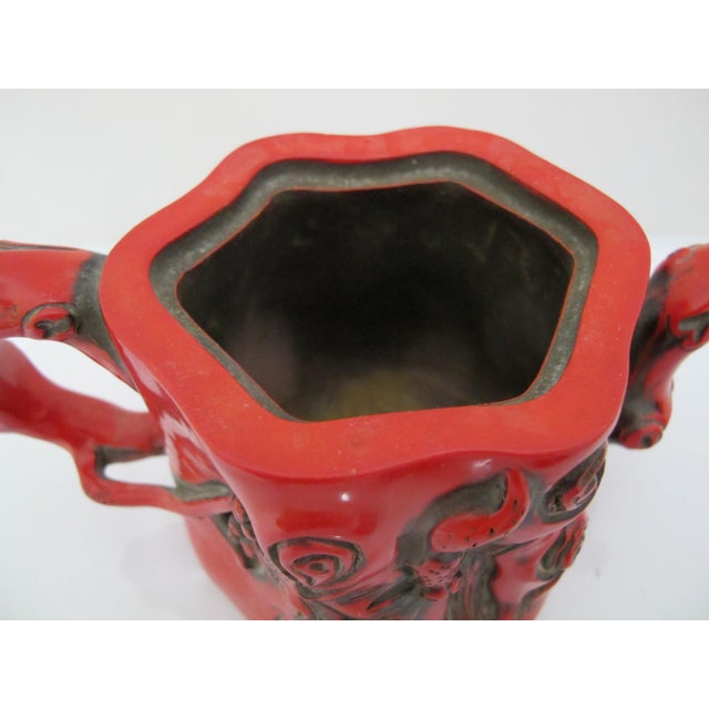 Chinese Red Lacquer Tree Trunk Branch Handle Squirrel Finial Lid Teapot For Sale - Image 9 of 15