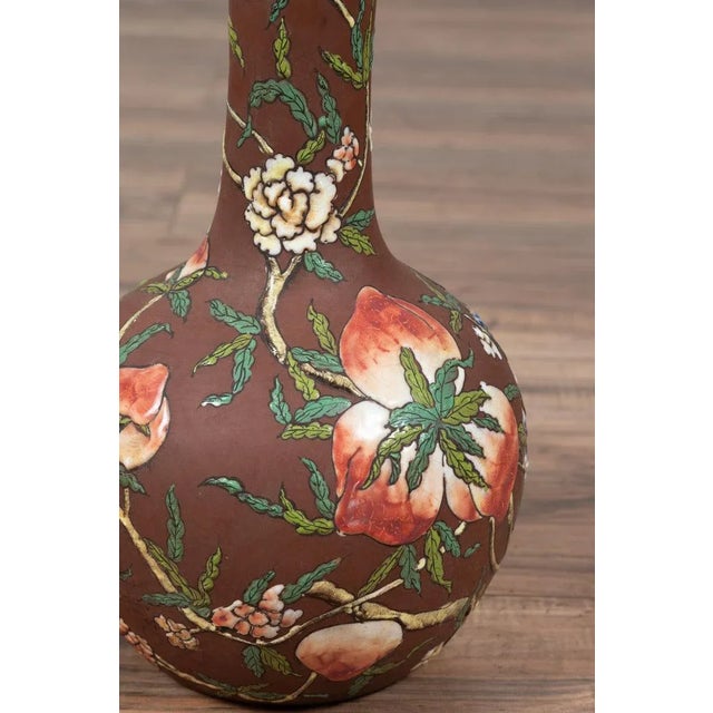 Vintage Chinese Kendi Shape Brown Vases with Floral and Fruit Décor - a Pair For Sale - Image 4 of 13