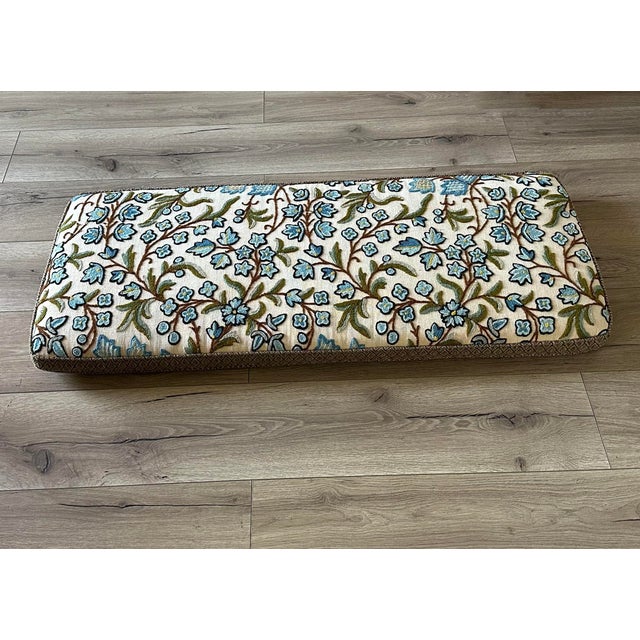 Late 20th Century Designer Linen and Crewel Custom Bench Pillow For Sale - Image 5 of 8