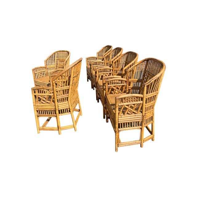 Tan Vintage Brighton Pavilion Attributed Bamboo Wicker Rattan Seating Chinoiserie Style- Set of 6 For Sale - Image 8 of 10