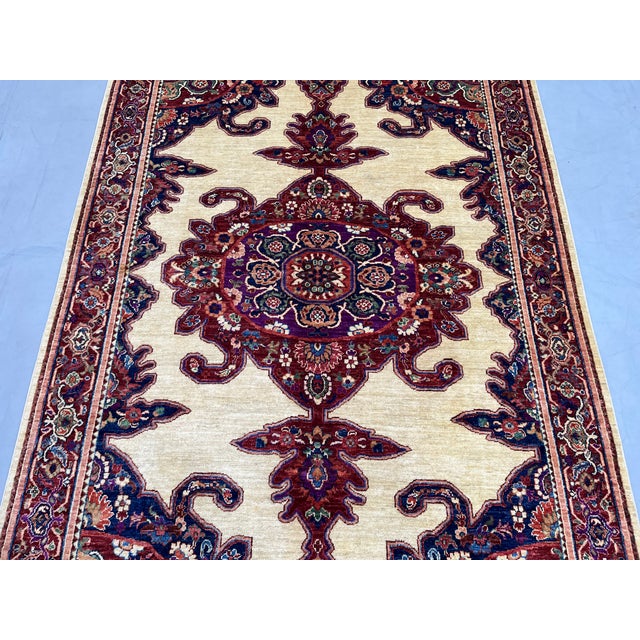 Textile Beige & Red Persian-Style Medallion Wool Rug, Natural Dyes, 5'7" X 8'3" For Sale - Image 7 of 15