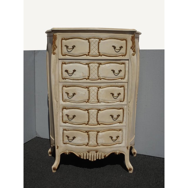 Vintage Tallboy Dresser French Country Off White With Gold Trim Chest of Drawers For Sale - Image 13 of 13