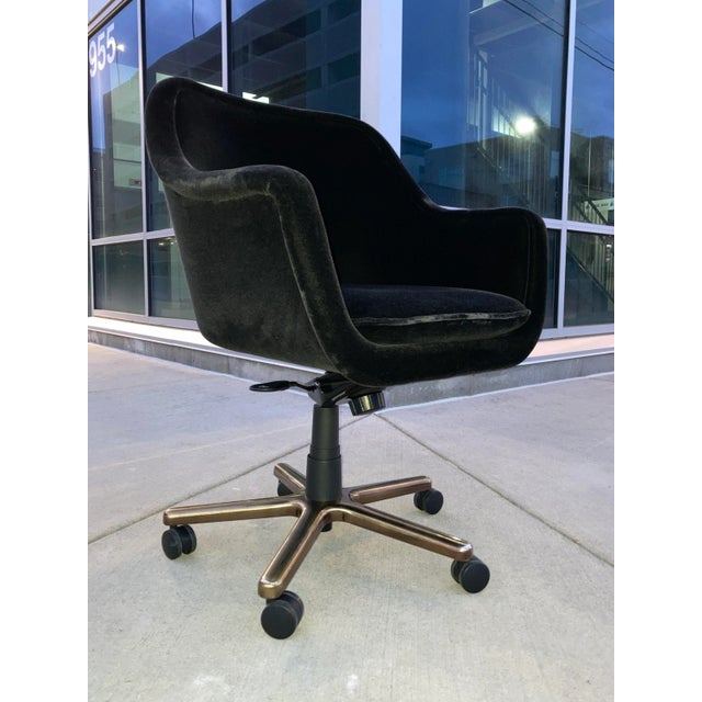 Ward Bennett ‘Bumper’ desk chair in black mohair fabric five prong bronze plated aluminum base with modern hydraulic...