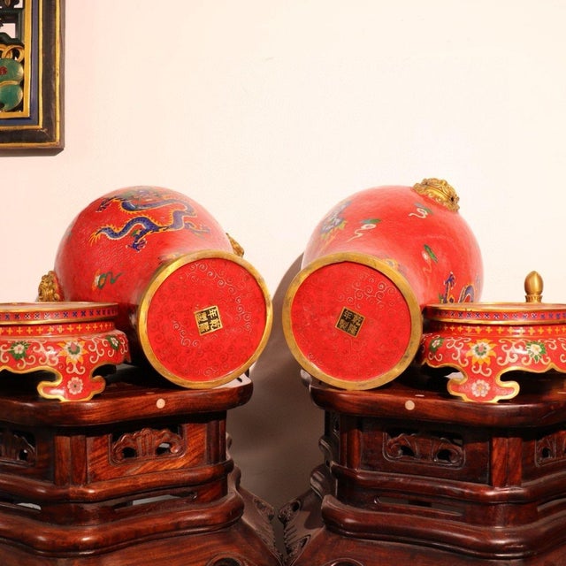Pair of Chinese Cloisonné Vases | Red Ground Dragon & Phoenix Motif With Stands For Sale - Image 9 of 9