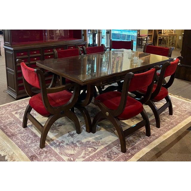 Wood Custom Vintage 1960s Mid Century Modern Marlau of Madrid Glass Top Dining Table With 6 Red Velvet Curule Style Dining Chairs For Sale - Image 7 of 12