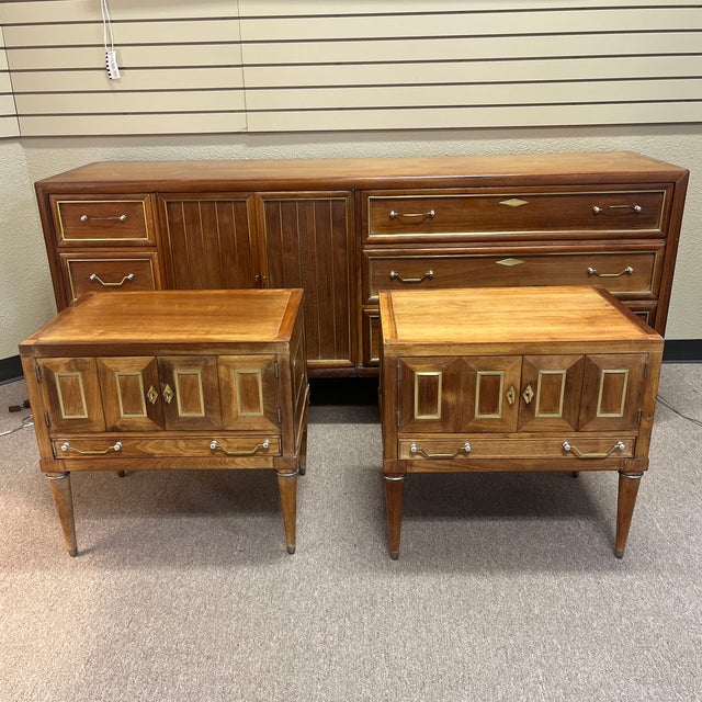 Mid-century dresser with 2 nightstands. Possibly Karges. Could not find a manufacturer mark on it. Very solid wood with...