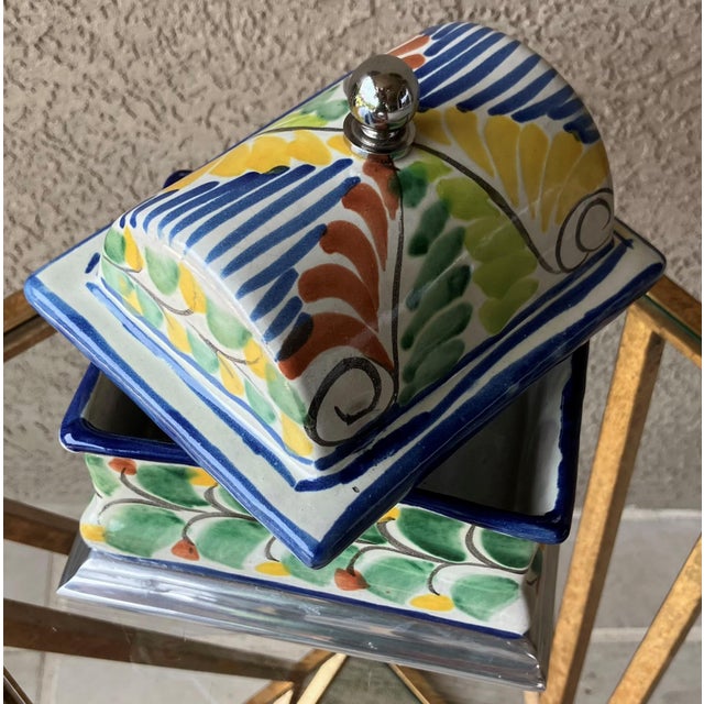 Colorfully Charming Late 20th-Century Talavera Lidded Box on Pewter Pedestal Base, Mexico For Sale - Image 11 of 11