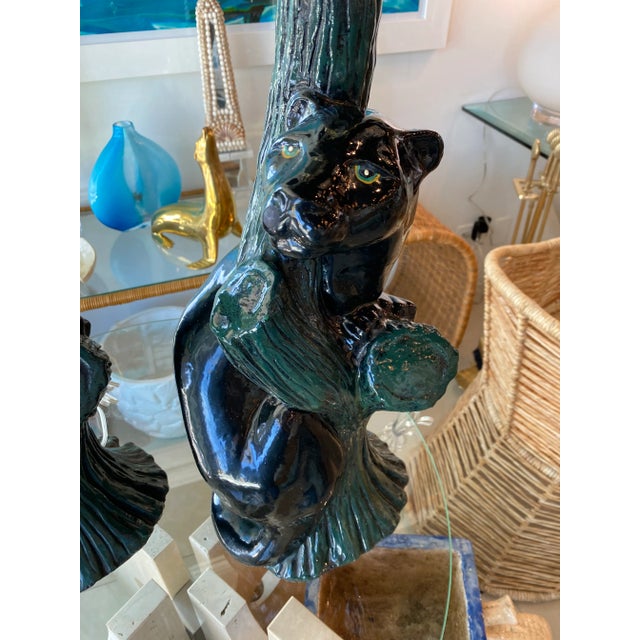 Vintage Pair of Mid-Century Modern Plaster Black Panther Cat Table Lamps For Sale - Image 4 of 13