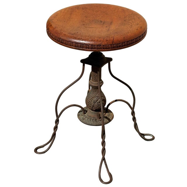 19th Century Adjustable Cast Iron Piano Stool W/ Oak Seat by Charles Parker Co. For Sale - Image 4 of 9