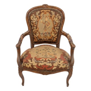 Late 19th Century French Louis XV Style Carved Walnut & Original Tapestry Needlepoint Upholstered Armchair (Fauteuil) For Sale