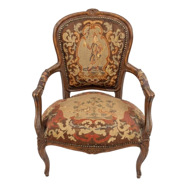 Late 19th Century French Louis XV Style Carved Walnut & Original Tapestry Needlepoint Upholstered Armchair (Fauteuil) For Sale