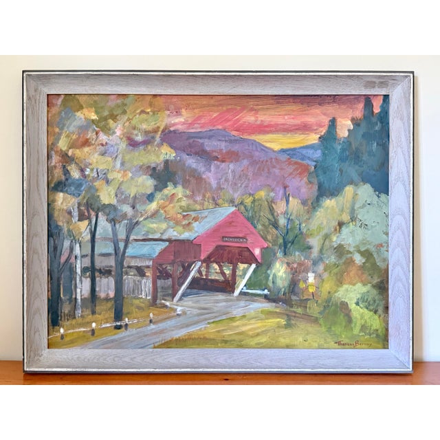 Midcentury New England Landscape Expressionist Oil Painting With Covered Bridge by Theresa Berney (1904-2001) For Sale - Image 9 of 9