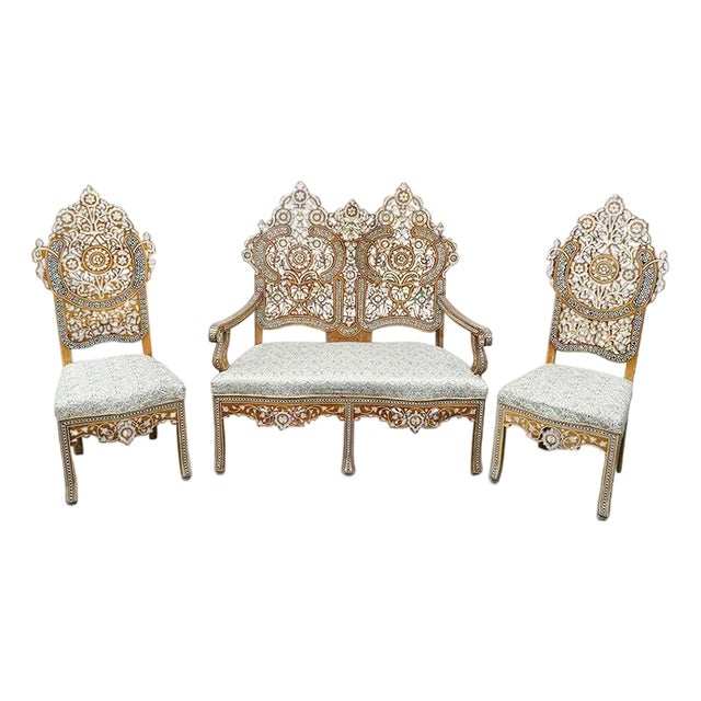 Antique Moroccan Love Seat Inlaid & Pair of Chairs For Sale