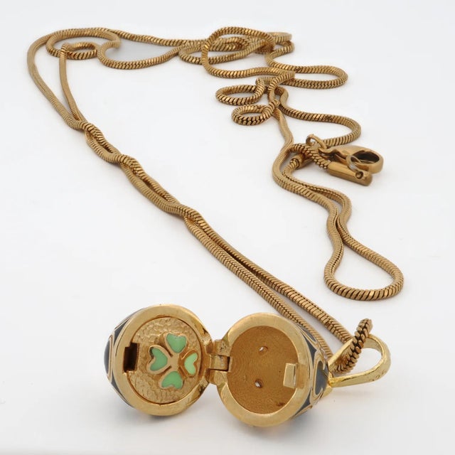 Gold Lucky Clover White Enamel Egg Gold Necklace For Sale - Image 8 of 12