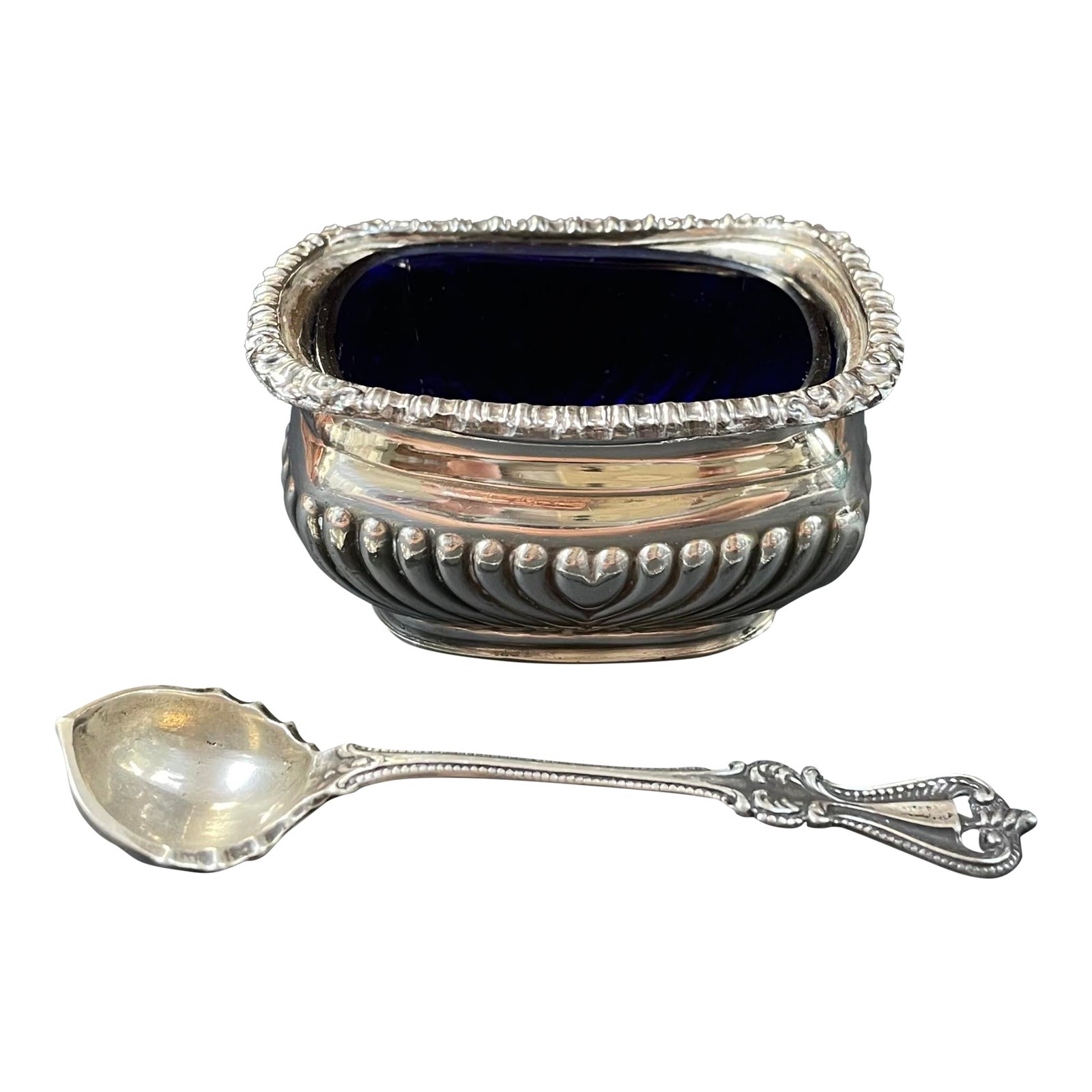Vintage English Silver Plate Salt Cellar With Cobalt Glass Liner and