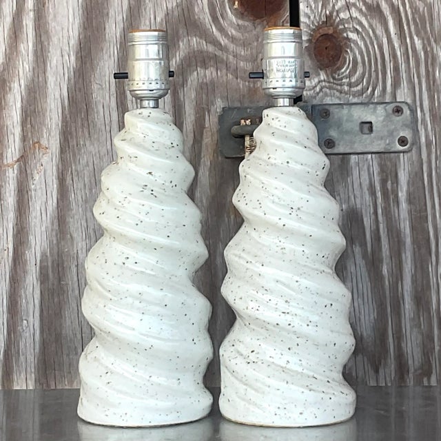 Boho Chic Vintage Glazed Ceramic Twist Table Lamps - a Pair For Sale - Image 3 of 7