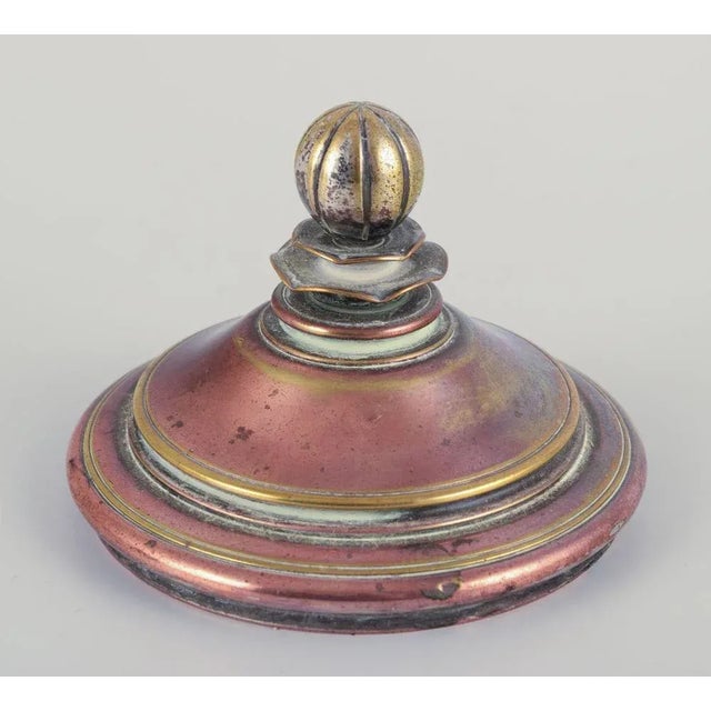 Ceramic Jar Glazed in Green Hues with a Brass and Bronze Lid, 1930s For Sale - Image 6 of 10