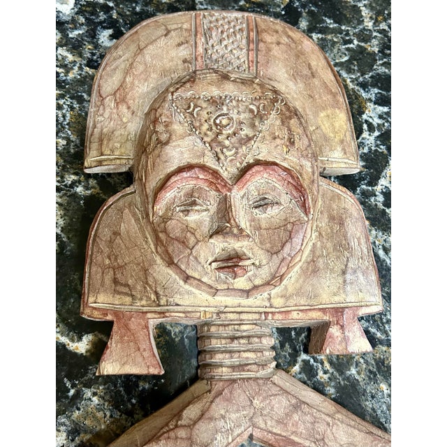 Mid 20th Century Pair of Hand-Carved, African, Wooden, Tribal Figures With Unique Faces, Headdresses, and Metal Ornamentation For Sale - Image 4 of 11