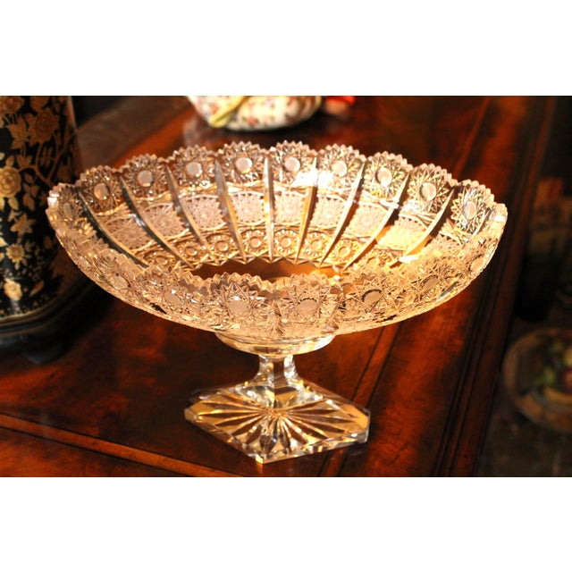 Glass Vintage Bohemian Czech Cut Crystal Footed Centerpiece, Large Brilliant & Heavy For Sale - Image 7 of 11