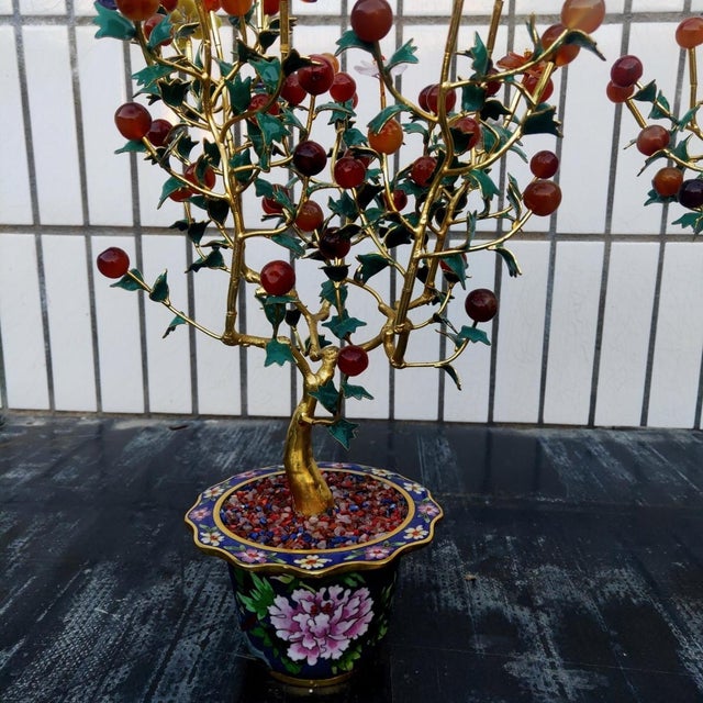 Metal Pair of Vintage Gemstone & Cloisonné Enamel Bonsai Trees – Agate, Crystal & Pearl Fruit For Sale - Image 7 of 12
