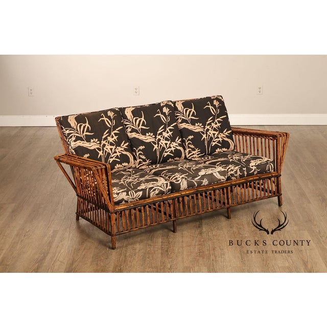 High Quality Antique 'Presidents' Split Reed Rattan Sofa with Botanical Cushions. In the Style of Ypsilanti Reed Furniture...