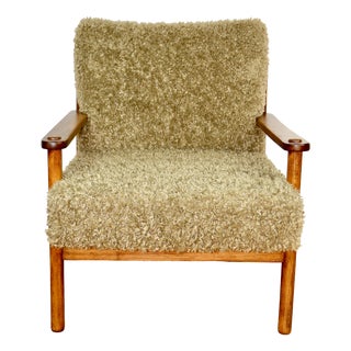 Vintage Wood Lounge Chair with Olive Green Long Pile Upholstery, 1970 For Sale