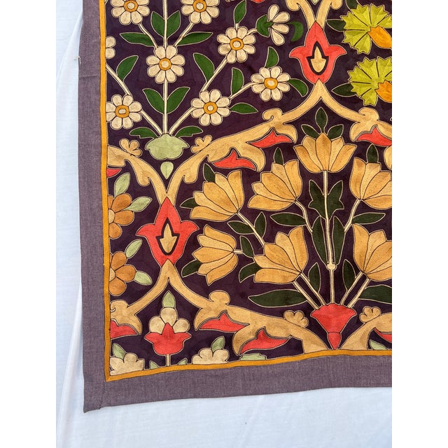 Large Vintage Silk Embroidered Floral Textile Wall Hanging | Arts & Crafts Inspired Botanical Tapestry For Sale - Image 4 of 5