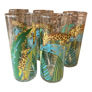 1980s Tropical Leaf Motif Giraffe Panache Glasses- Set of 5 For Sale
