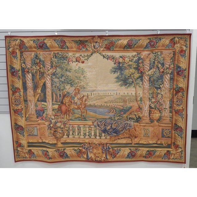 A 20th Century Tapisserie d'Halluin France Aubusson Style Tapestry featuring King Louis XIV in Versailles, France....