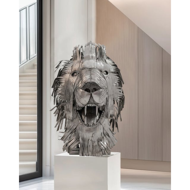 Contemporary Recycled Steel Lion Head Sculpture, Handcrafted, One-of-a-Kind For Sale - Image 9 of 9