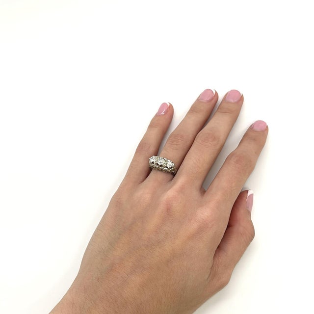 Mid 20th Century Antique 19k White Gold Three Stone Diamond Ring & Filigree Designs - Size 7.25 For Sale - Image 5 of 6