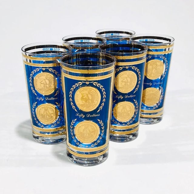 Vintage Culver Blue & 22k Gold Coin Highball Cocktail Glasses - Set of Six For Sale In Los Angeles - Image 6 of 6