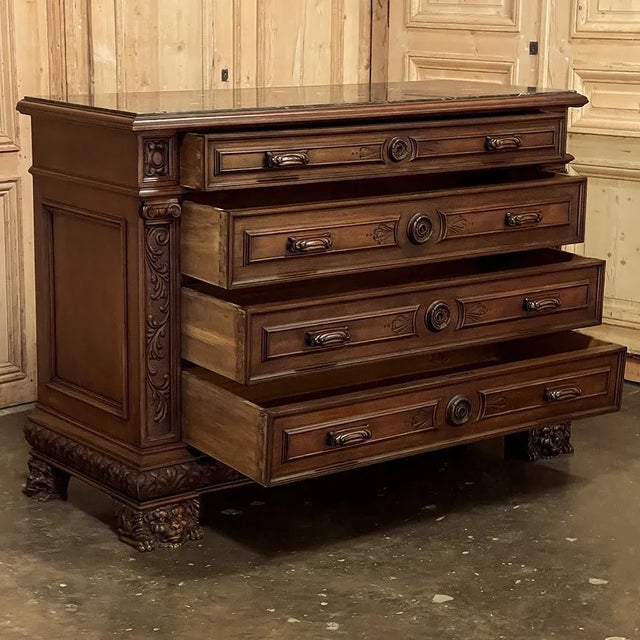 Early 20th Century Antique Italian Renaissance Walnut Marble Top Commode For Sale - Image 5 of 13