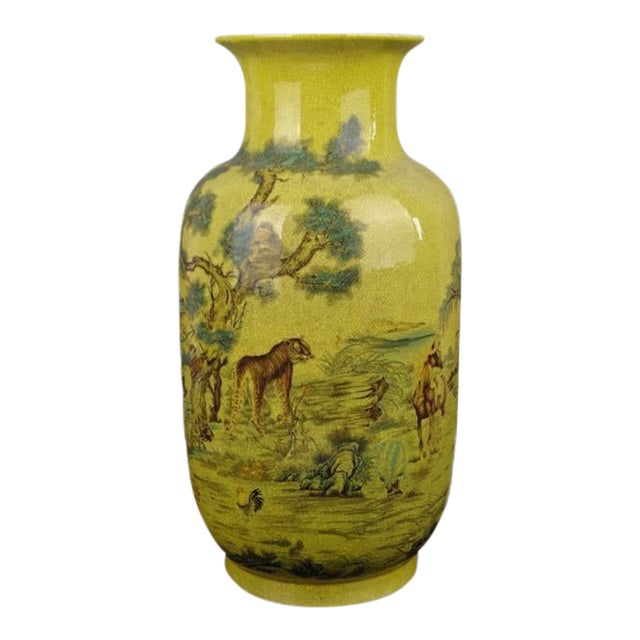 Chinese Ceramic Qing Dynasty Qianlong Marked Yellow Ground Crackle Glaze Porcelain Vase Hand Painted Twelve Chinese Zodiac Signs Pattern For Sale